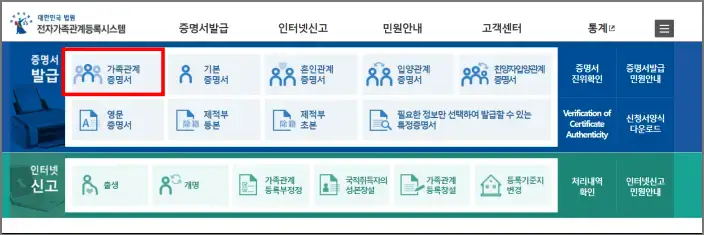 가족관계증명서 클릭