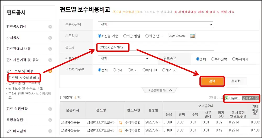 2 펀드별 보수비용에서 찾고자하는 ETF 검색